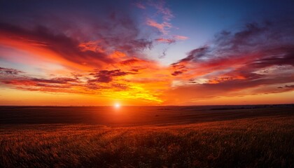 vivid celestial landscape of fiery sunset over dark field evokes a sense of vastness and wonder