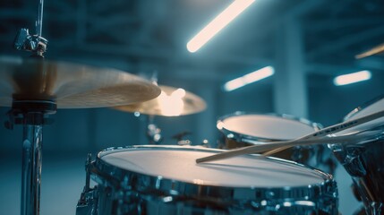 Obraz premium Close-up Drum Kit in a Blue Lit Studio: Musical Instrument, Performance, and Rhythmic Percussion