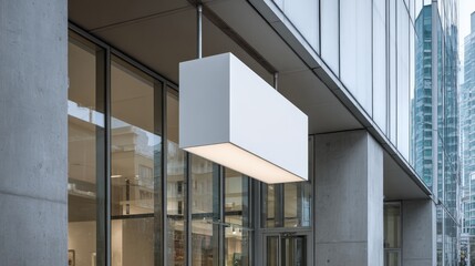 Blank Rectangular Sign Mockup Hanging Outside Modern Building, Ideal for Advertising and Branding