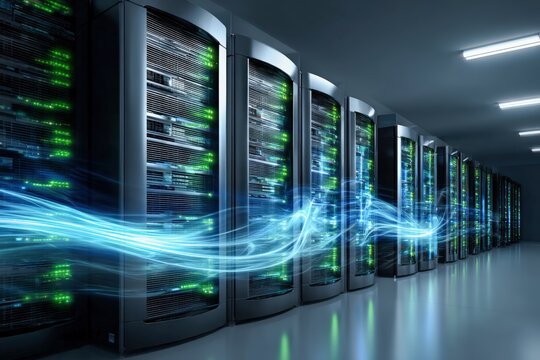 Data Center Servers with Network Connection Showing Transfer of Information and Processing Activity