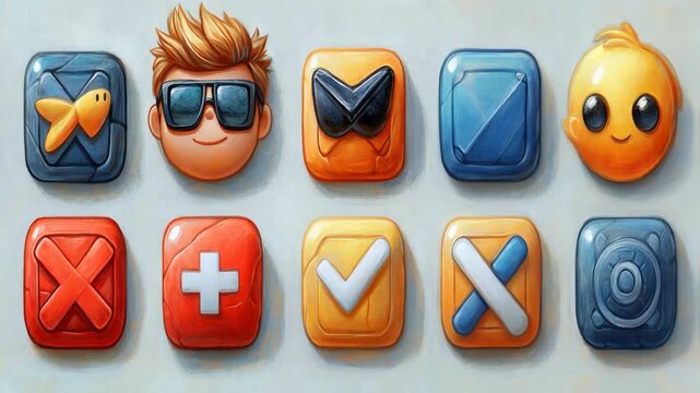 Looping Animation of Glossy 3D Mobile Game Icons, UI Elements, and Avatars