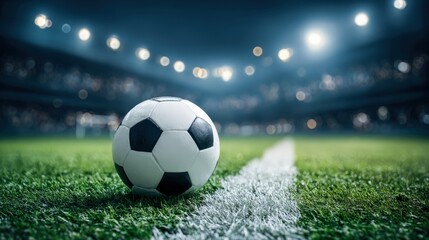 Fototapeta premium Soccer Ball on Field Ready for Kickoff Under Stadium Lights During Night Game