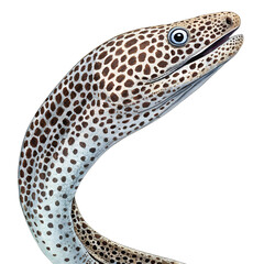 Naklejka premium A close-up of a spotted moray eel with a long, slender body and distinctive patterns. The eel has a prominent head and large eyes, set against a dark background.