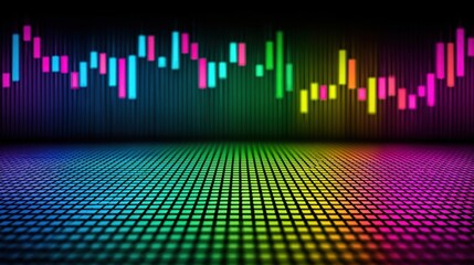 Colorful glowing equalizer bars and abstract financial candlestick chart, neon digital technology background