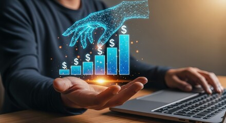 Investment Growth Concept: Digital Hand Displaying Rising Bar Graph with Dollar Signs, Modern Business Success