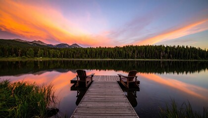 Two wooden Adirondack chairs sit on a dock facing a calm lake reflecting a vibrant sunset over a treeline and distant mountains.