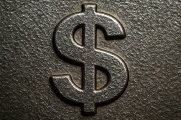 Dollar Sign Embossed on Metal Surface, Macro Close-Up, Finance and Investment Symbol