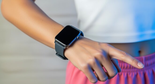 Fitness Woman Checks Smartwatch Progress: Monitoring Activity, Tracking Data, Connectivity, and Modern Wearable Technology - Powered by Adobe