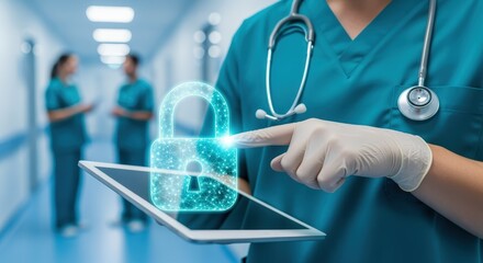 Healthcare Professional Securing Digital Data with Tablet: Focus on Data Protection and Medical Technology Solutions