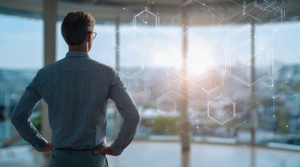 Visionary Businessman Contemplates Future Technology in Modern Office Setting with Data Visualization Overlays and Panoramic City View