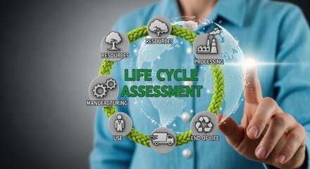 Life Cycle Assessment Displayed on Digital Interface with Woman Touching Screen, Showing Sustainability Process