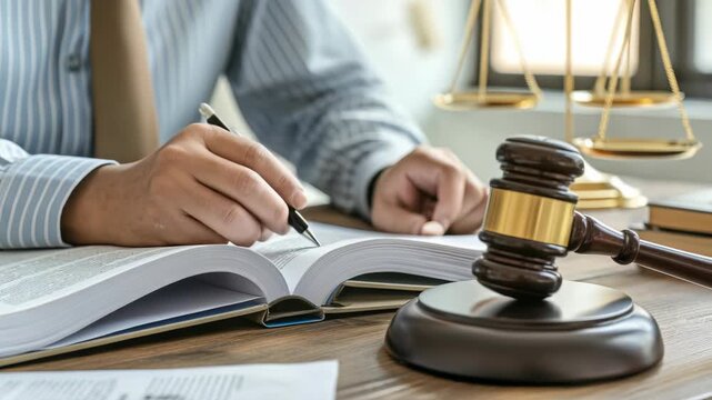 A legal professional is intently reviewing documents at desk with gavel, scales justice nearby, symbolizing thoroughness, pursuit justice in formal legal setting