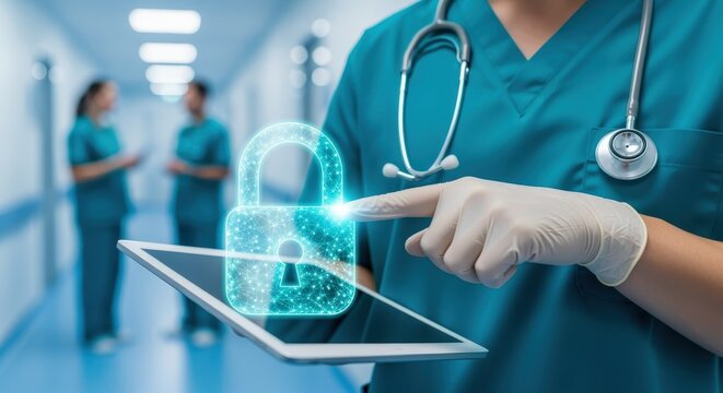 Healthcare Professional Securing Digital Data with Tablet: Focus on Data Protection and Medical Technology Solutions - Powered by Adobe