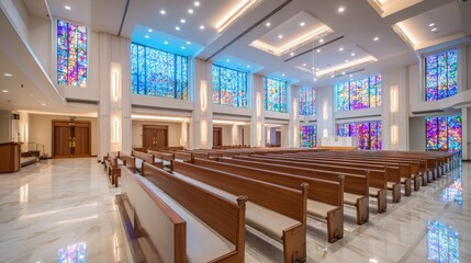 Interior of serene, brightly lit modern church sanctuary with stained glass windows and wooden pews