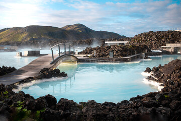 Blue Lagoon geothermal spa with bridge in Iceland