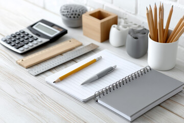 Top view of desk with calculators notebooks pens and pencils for school supplies. Back to school con