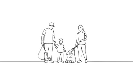 Minimalist continuous line drawing of family picking up trash