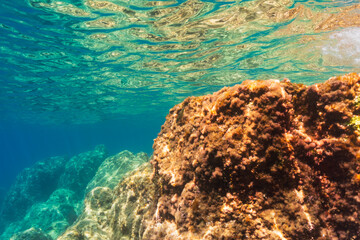 A stunning underwater seascape at Saint-Jean-Cap-Ferrat, France, with golden sunlight shimmering through the clear turquoise water surface.