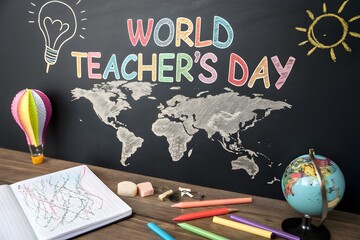 World teachers day celebrated with a map and school supplies