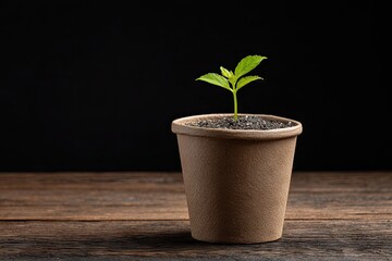 Small sprout in a recycled paper pot.