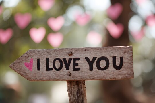 Rustic wooden sign with the words i love you, set against a soft bokeh background of pink hearts