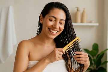 Smiling woman in towel combing wet hair with a wide-tooth comb in a bright bathroom.