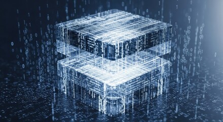 Luminous Two-Tier Data Cube Glowing Amidst a Digital Rain of Binary Code