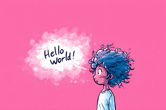comic book character, cartoon character with a large speech bubble exclaiming hello world in a comic-style design