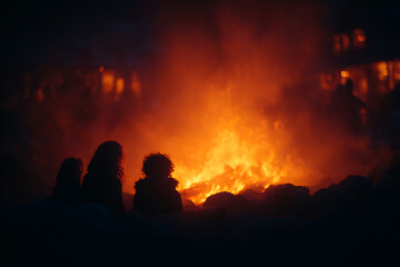 Fototapeta premium campfire gatherings, family around a fire, sharing stories, basking in warm light