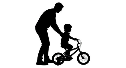 Fototapeta premium Silhouette of father teaching his son to ride a bicycle isolated on transparent background