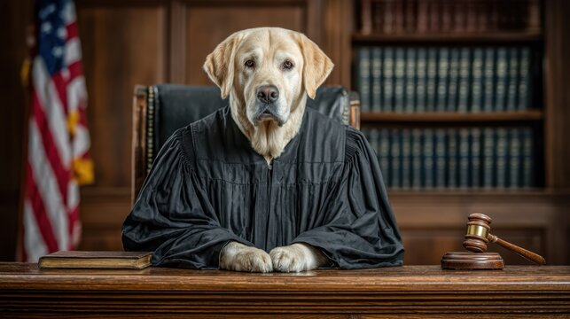 Canine Judge: A Labrador Retriever assumes the role of a judge, wearing the formal attire and seated behind a judge's bench in a solemn courtroom setting.