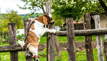 A brown and white baby goat climbs a weathered wooden fence in a green field.
