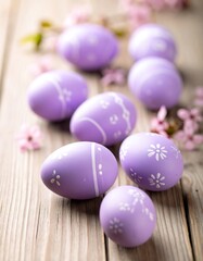 Easter eggs spring flowers light purple wooden