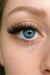 Fototapeta premium Macro shot of bright blue eye with voluminous eyelash extensions, showcasing makeup detail, eye beauty, and lash styling.