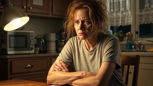 A woman with messy hair and a grey tshirt sits with her arms crossed at a table
