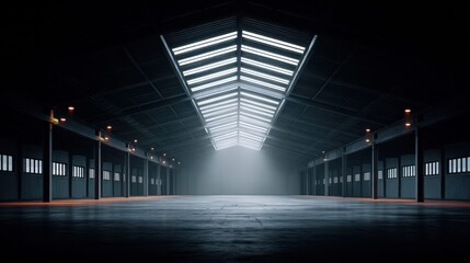 Dramatic interior view of a large, empty warehouse with an industrial design.