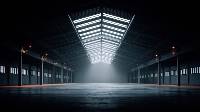 Dramatic interior view of a large, empty warehouse with an industrial design. - Powered by Adobe