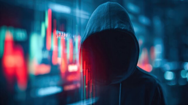 Anonymous Hacker in Hood Against Stock Market Chart - Cyber Security Concept, Dark Theme - Powered by Adobe