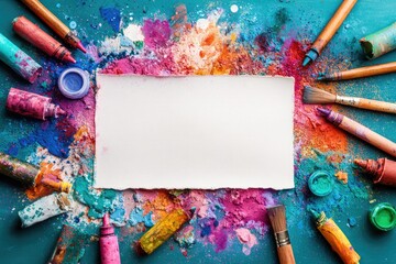 Obraz premium Colorful art supplies and pigments scattered on a teal surface with a blank piece of paper.