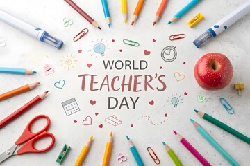World teachers day celebration with school supplies and apple isolated on white background