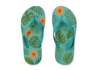 Pair of turquoise flip-flops showing tropical floral pattern on transparent background