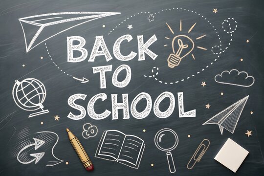 A blackboard with the words back to school written in chalk, surrounded by handdrawn illustrations of school supplies and symbols, representing the start of a new academic year