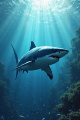 Obraz premium Great white shark swimming in blue ocean and aquarium with coral and tropical fish.