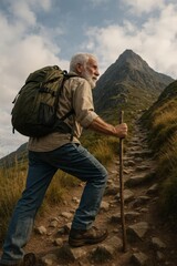 Determined senior man hiking up a rocky mountain trail with a backpack and walking stick, enjoying outdoor adventure and nature.