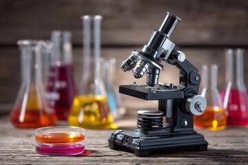 Microscope with colorful chemical flasks in laboratory setting.