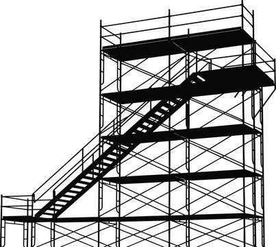 Industrial scaffolding structure, construction site staircase, multi-level platform, building maintenance equipment, safe access system, metal framework, scaffolding design