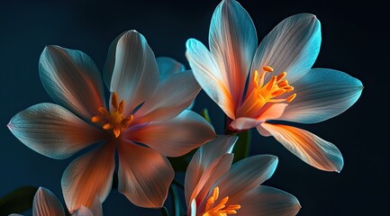 Fototapeta premium A few vibrant flowers, glowing and dazzling against the dark background