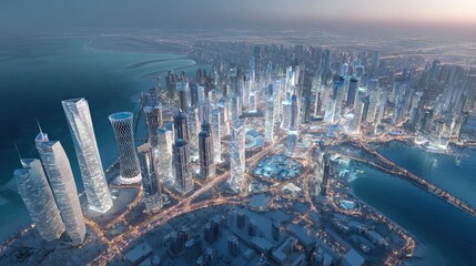 Aerial View of a Modern Coastal Cityscape with High-Rise Buildings and Urban Development
