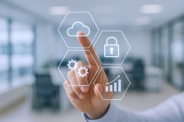 Innovative Cloud Technology Interface: Hand Touching Digital Screen with Cloud, Security, Gears and Graph Icons