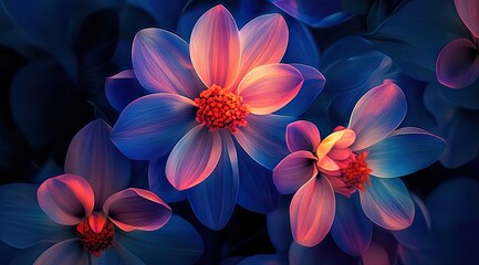 A few vibrant flowers, glowing and dazzling against the dark background